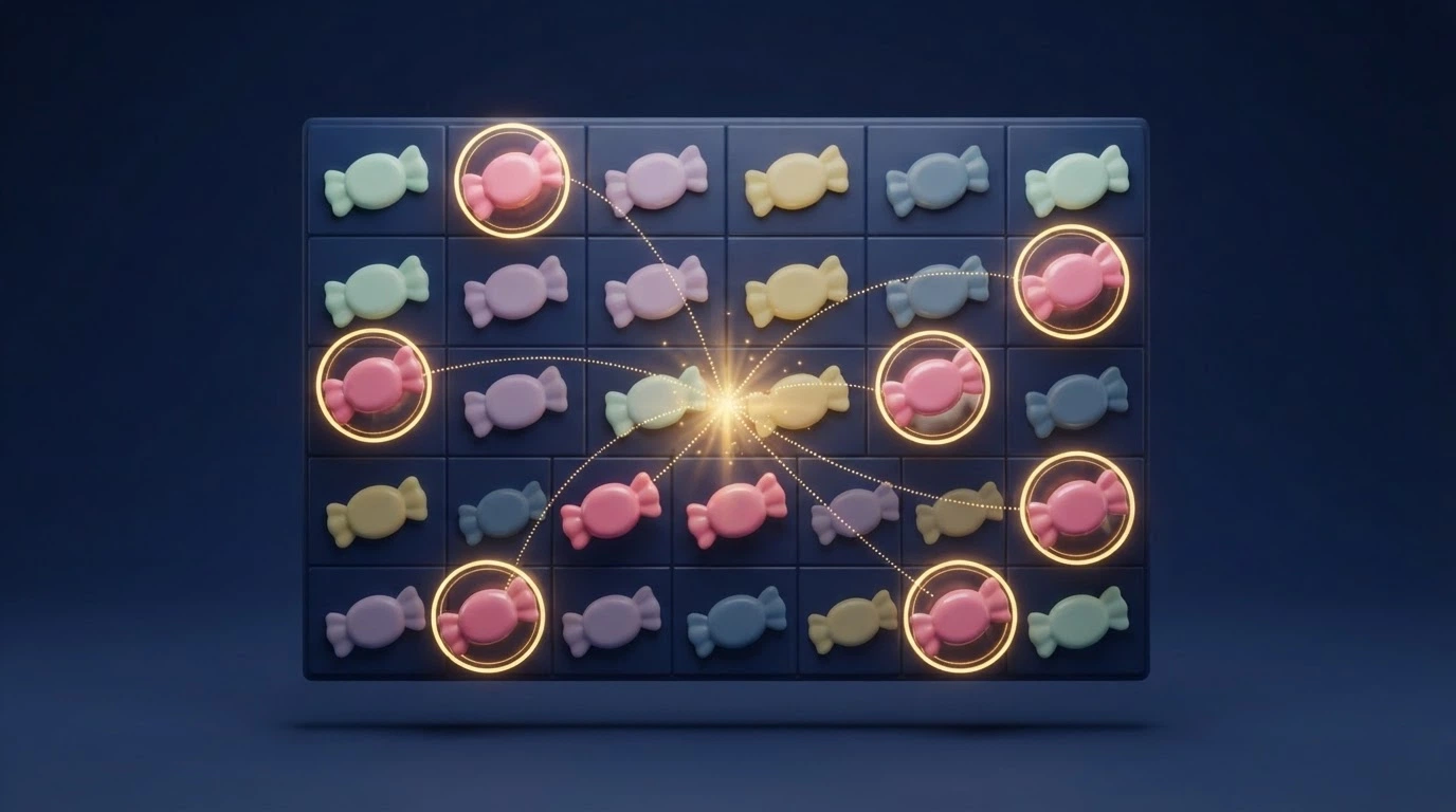 Illustration du système de gains en scatter sur la grille 6×5 de Sweet Bonanza, avec huit symboles identiques déclenchant un paiement