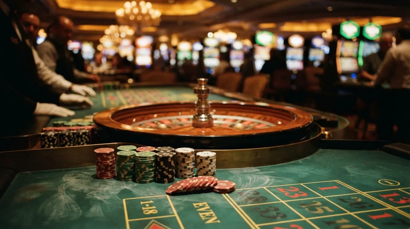 Table de roulette en ligne avec des jetons de haute valeur empilés, écran de casino en arrière-plan
