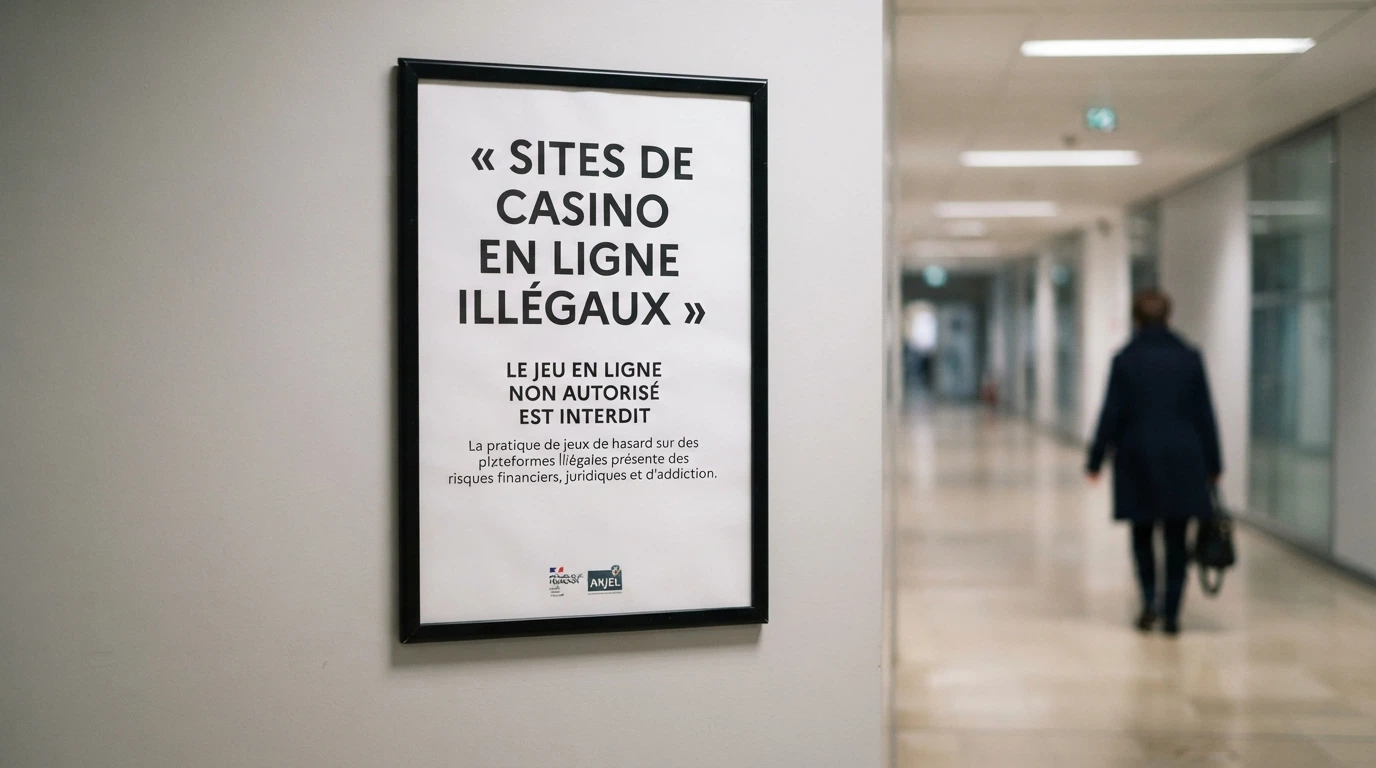 Signalétique d'avertissement illustrant l'absence d'agrément ANJ pour les casinos en ligne en France