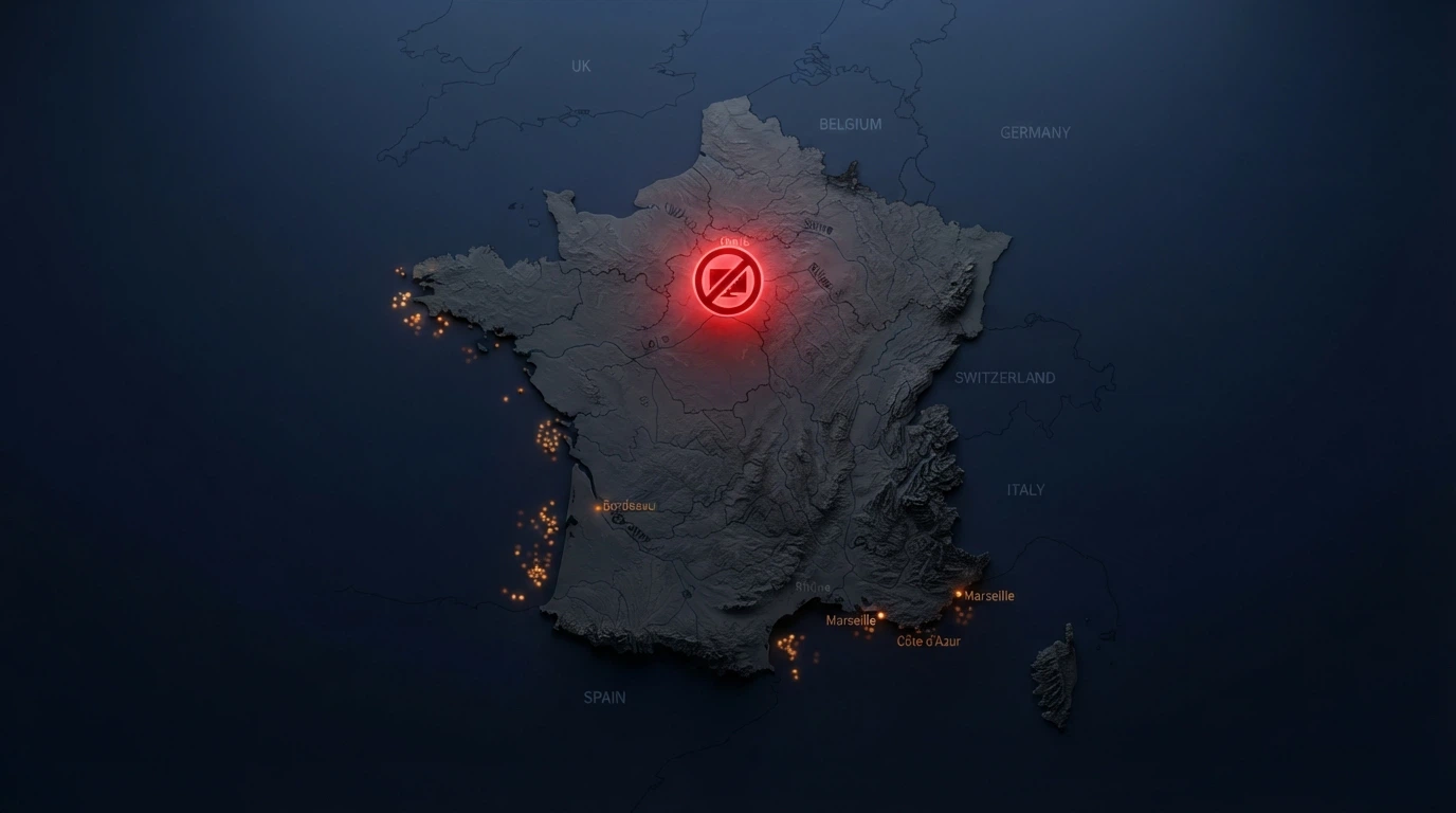 Carte de la France avec une signalisation visuelle de l'interdiction des casinos en ligne et des points d'accès offshore