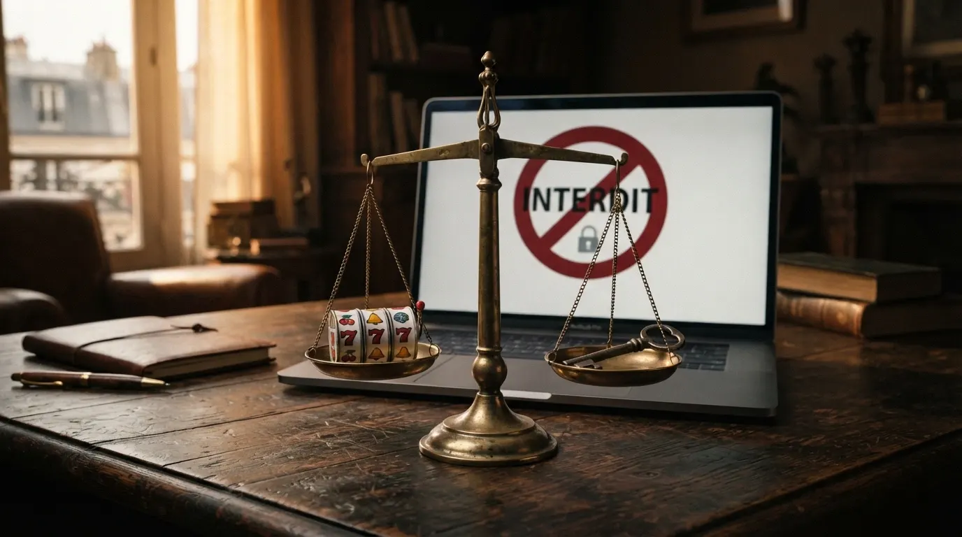 Une balance de justice devant un écran barré d'un symbole d'interdiction, avec le logo de l'ANJ