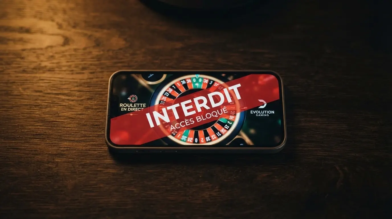 Interface d'un casino en ligne avec Monopoly Live, barrée d'un bandeau d'avertissement symbolisant l'interdiction des jeux de casino en ligne en France