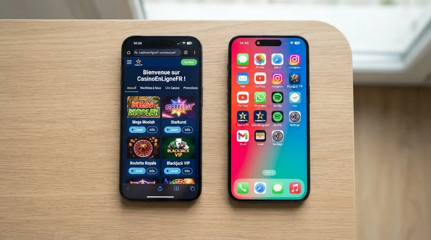 Deux écrans de smartphone affichant côte à côte une application casino en PWA sur navigateur mobile et l'écran d'accueil d'un téléphone avec l'icône ajoutée
