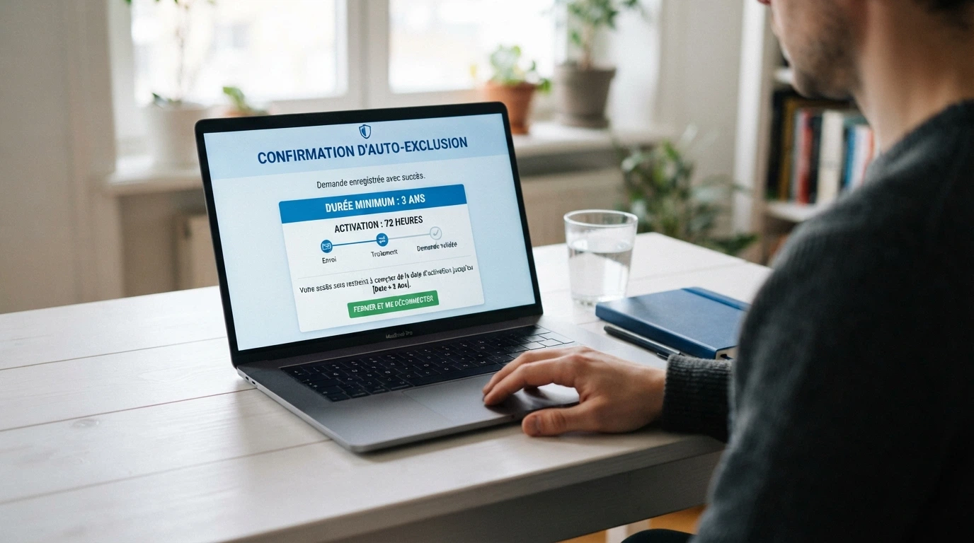 Interface de la procédure d'interdiction volontaire de jeux en ligne, écran de confirmation affichant la durée de trois ans et le délai de blocage