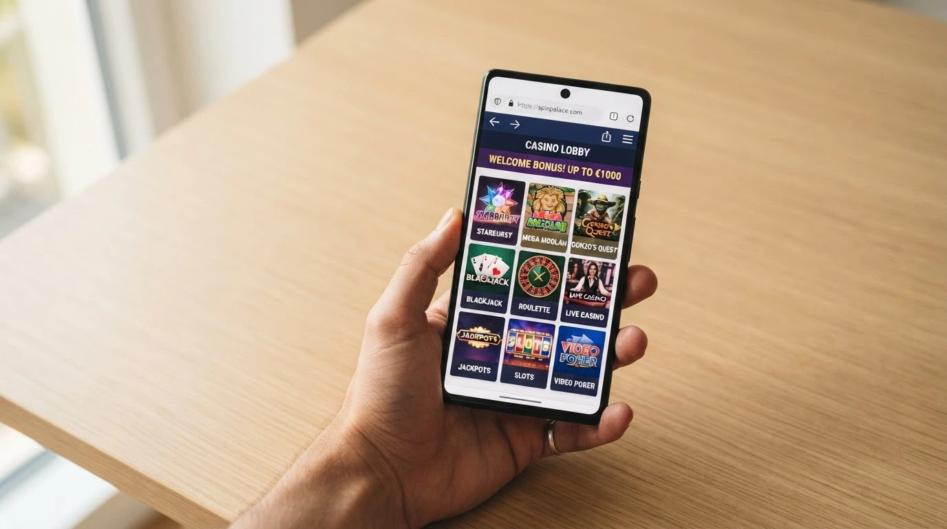 Une main tenant un smartphone ouvert sur un navigateur mobile (Safari ou Chrome) affichant un lobby de casino, avec les barres d'adresse et de navigation du navigateur visibles