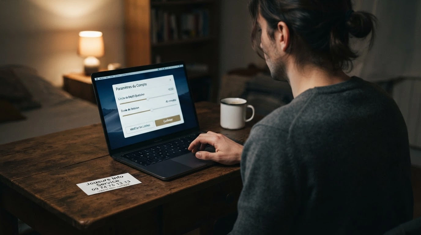 Interface d'outils de modération avec limites de dépôt et de session, et numéros d'aide aux joueurs