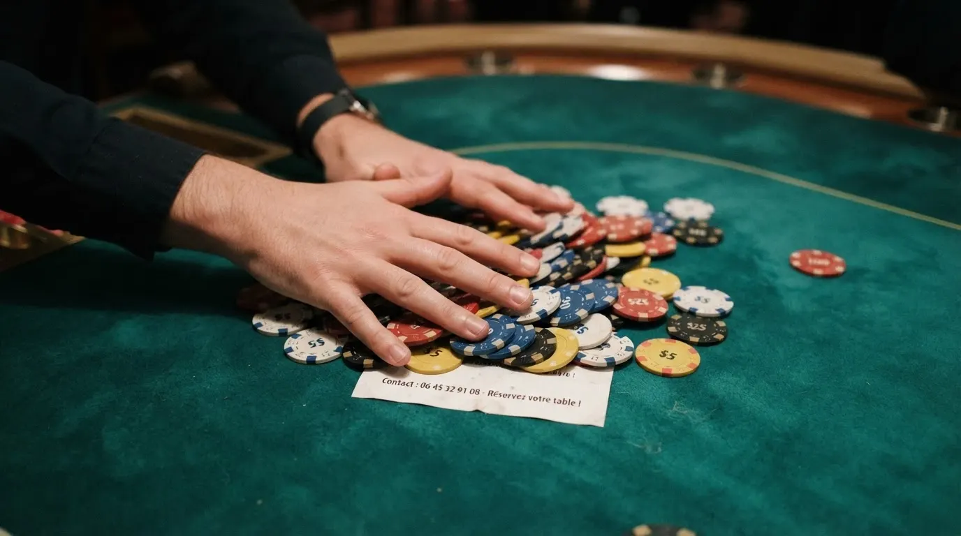 Une main qui écarte des jetons de poker pour révéler le numéro de Joueurs Info Service noté sur un papier