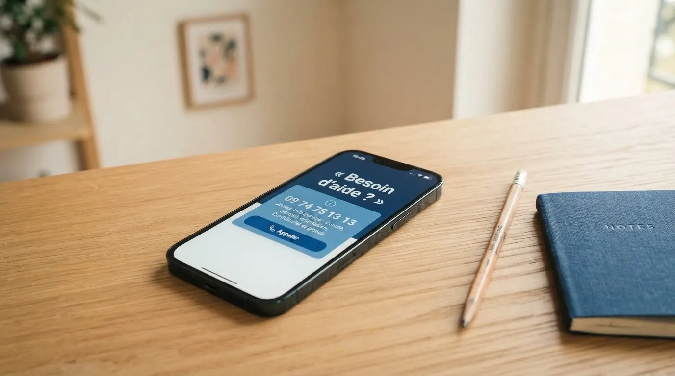 Interface d'auto-évaluation ou de limite de dépôt sur un écran, avec le numéro d'aide Joueurs Info Service inscrit en surimpression