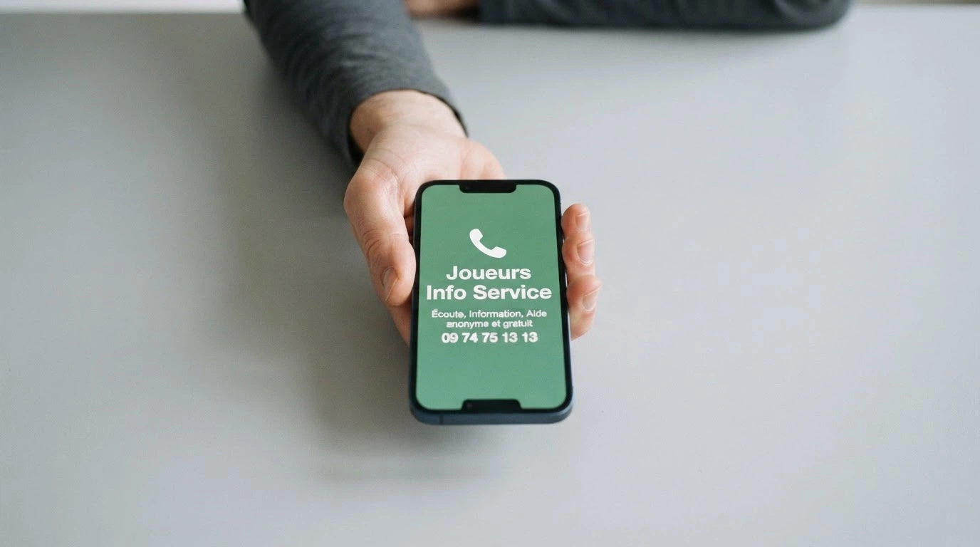 Une main qui compose un numéro d'aide sur un téléphone, avec l'écran affichant le logo Joueurs Info Service