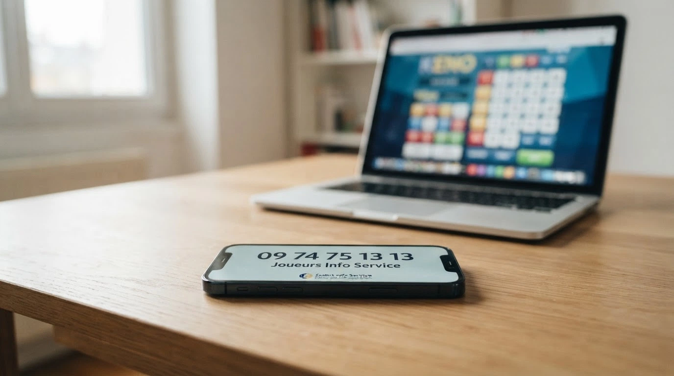 Un téléphone portable posé sur un bureau affichant le numéro de Joueurs Info Service (09 74 75 13 13), une grille de keno floutée en arrière-plan