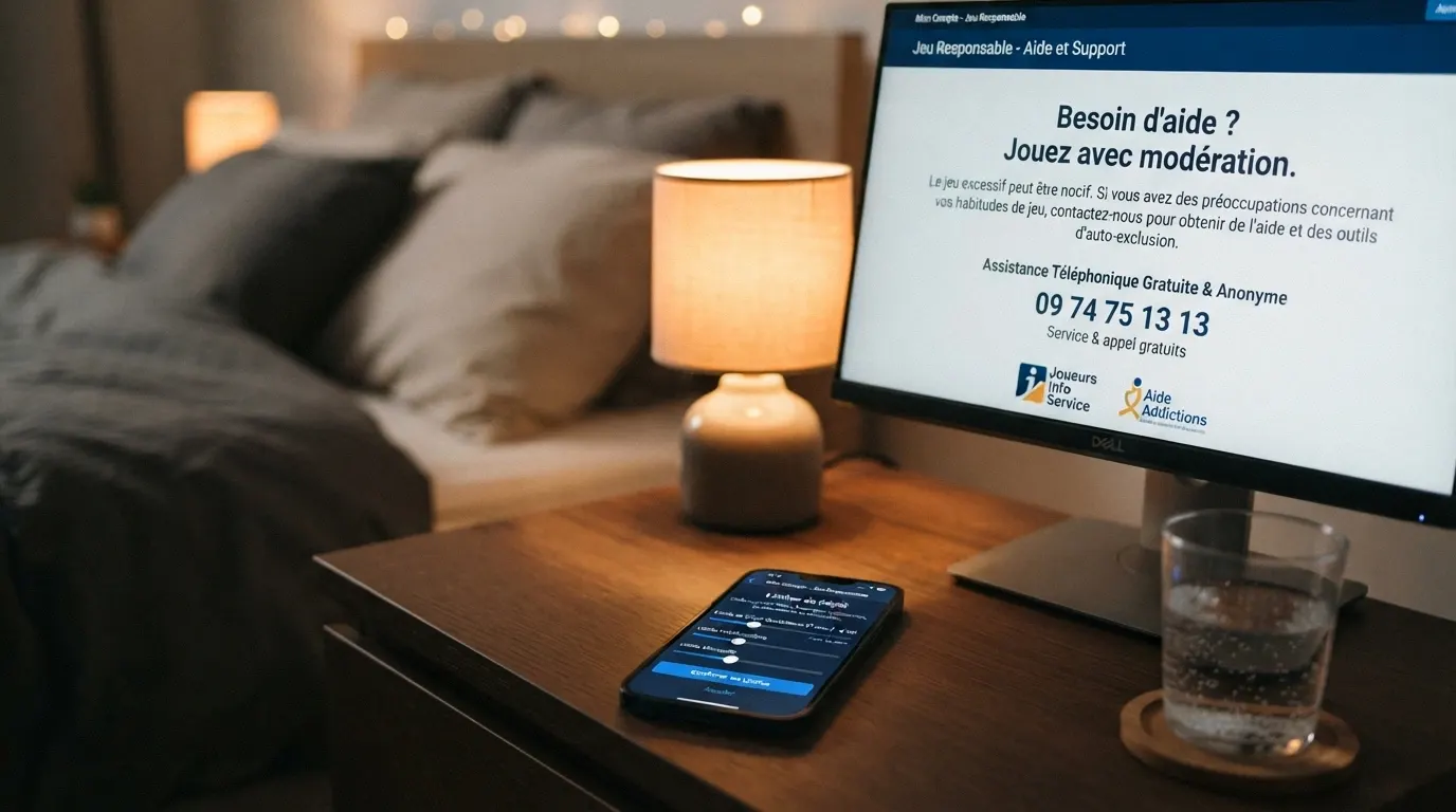 Téléphone affichant le numéro de Joueurs Info Service à côté d'une interface de limites de dépôt sur un écran d'ordinateur