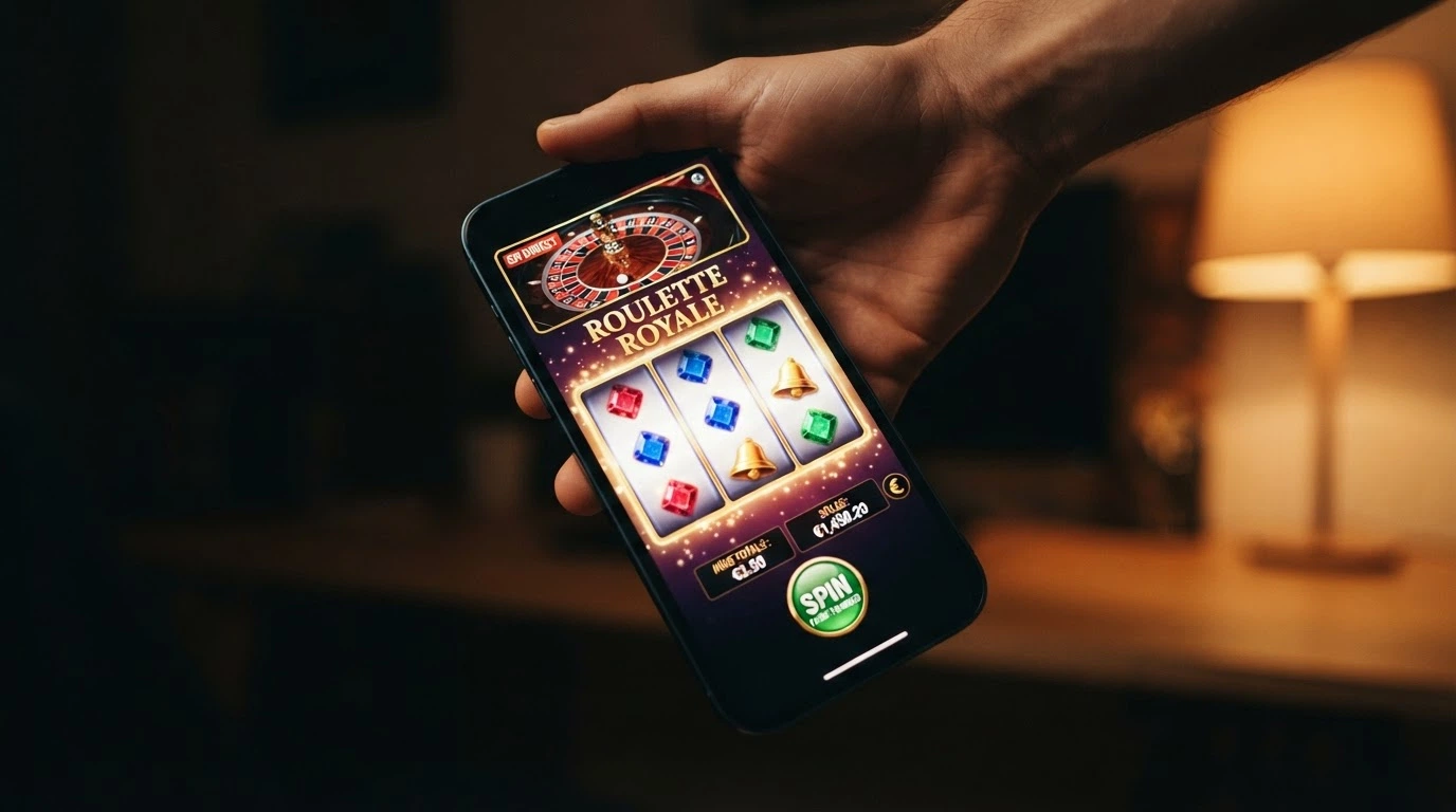Un écran partagé entre une machine à sous colorée et une table de roulette avec croupier en direct, l'interface affichant un solde en LTC