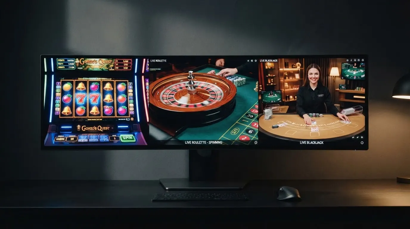 Écran partagé entre une machine à sous colorée, une table de roulette et un croupier en direct filmé en studio