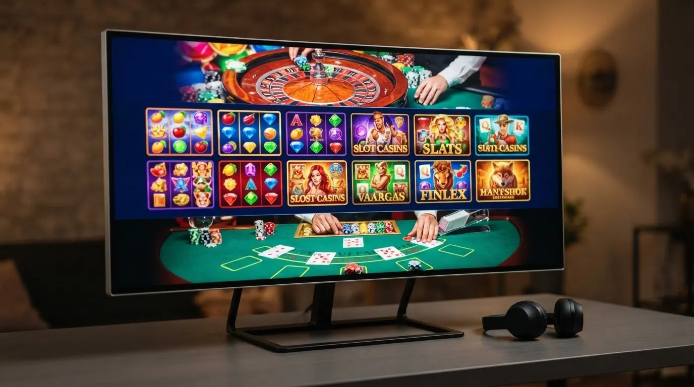 Un écran de casino en ligne montrant une grille de vignettes de machines à sous, une table de blackjack en direct et une roulette