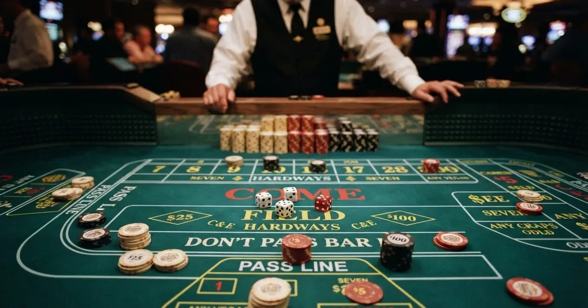 Une table de craps vue du dessus avec des dés blancs et rouges sur un tapis vert, des jetons empilés et un croupier en arrière-plan flouté