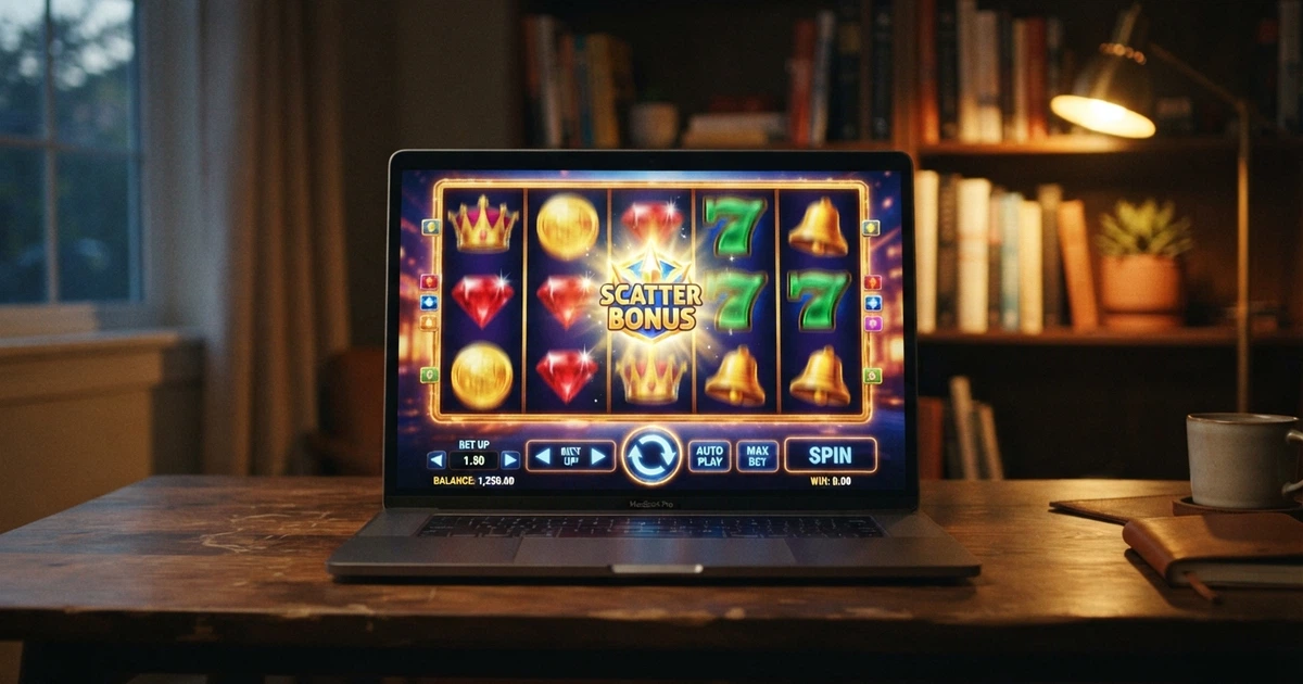 Interface d'une machine à sous 5 rouleaux en mode démonstration avec ses rouleaux, ses symboles colorés et ses boutons de mise virtuels