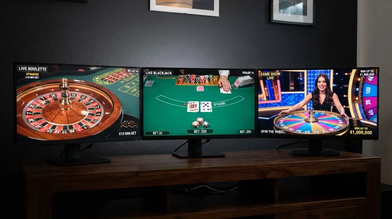 Une mosaïque de trois écrans montrant une table de roulette, une main de blackjack et un jeu TV de type Crazy Time avec un croupier qui actionne une roue colorée