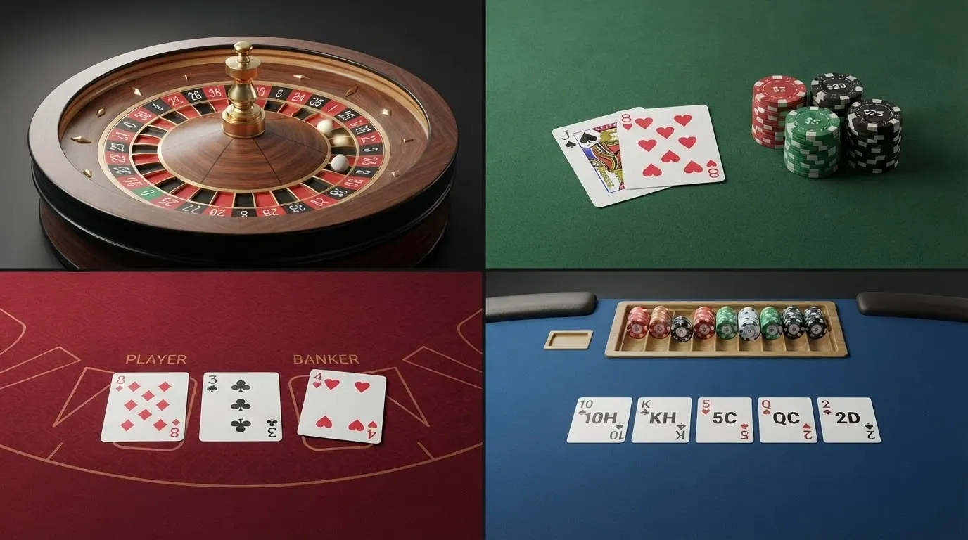 Écran partagé en quatre vignettes montrant une table de blackjack, une roulette, un baccarat et un plateau de poker, chaque vignette avec son croupier en action