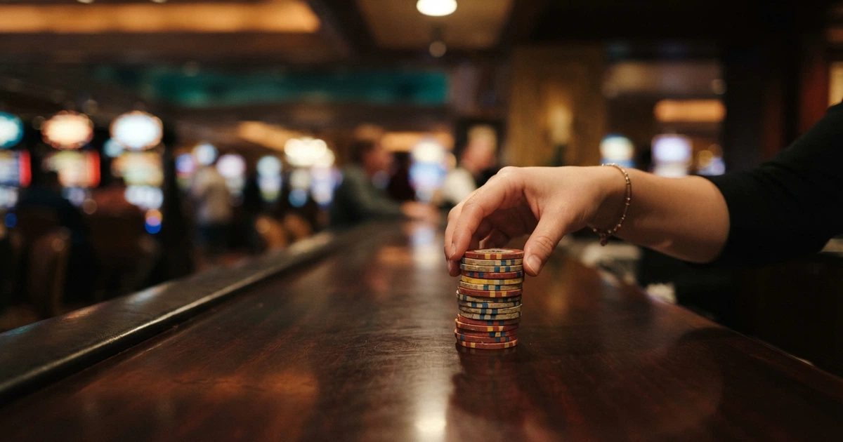 Un caissier de casino pose une liasse de billets en euros sur un comptoir, face à un joueur