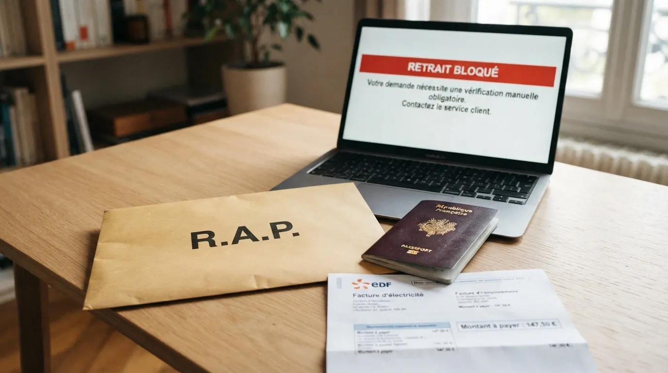 Une enveloppe estampillée « KYC » posée à côté d'un passeport et d'une facture, sur un bureau, avec un écran en arrière-plan affichant « retrait bloqué »