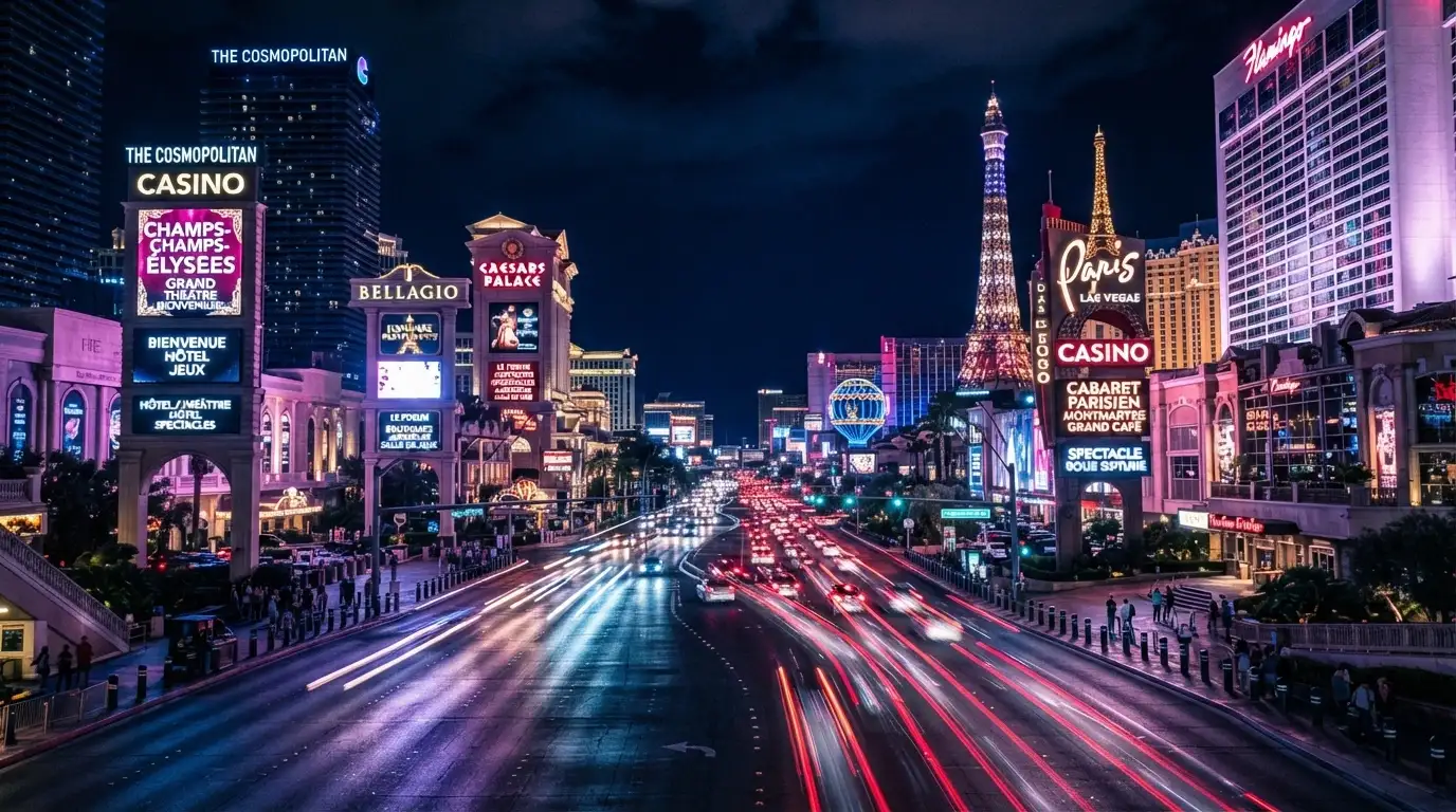 Le Strip de Las Vegas vu en contre-plongée à la nuit tombée, ses néons multicolores et ses façades monumentales s'étirant sur 6,7 kilomètres