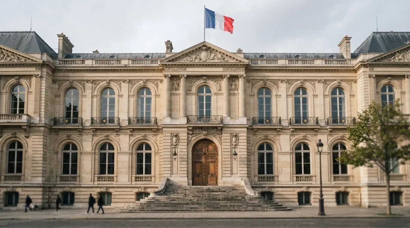La façade du siège de l'Autorité nationale des jeux à Paris, avec le drapeau français et le logo ANJ visibles
