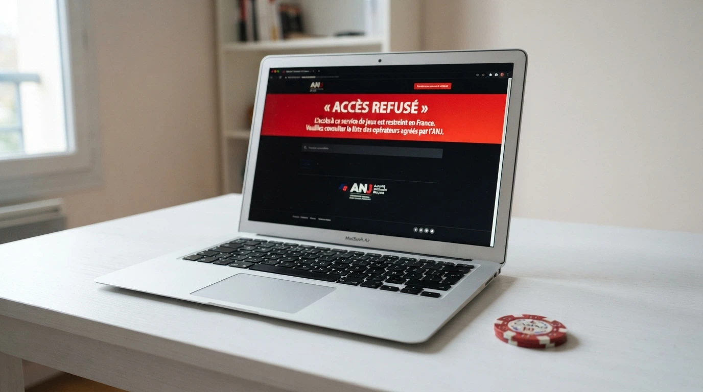 Le logo de l'ANJ apposé sur un document officiel, en contraste avec des écrans de casino en ligne barrés d'une croix rouge
