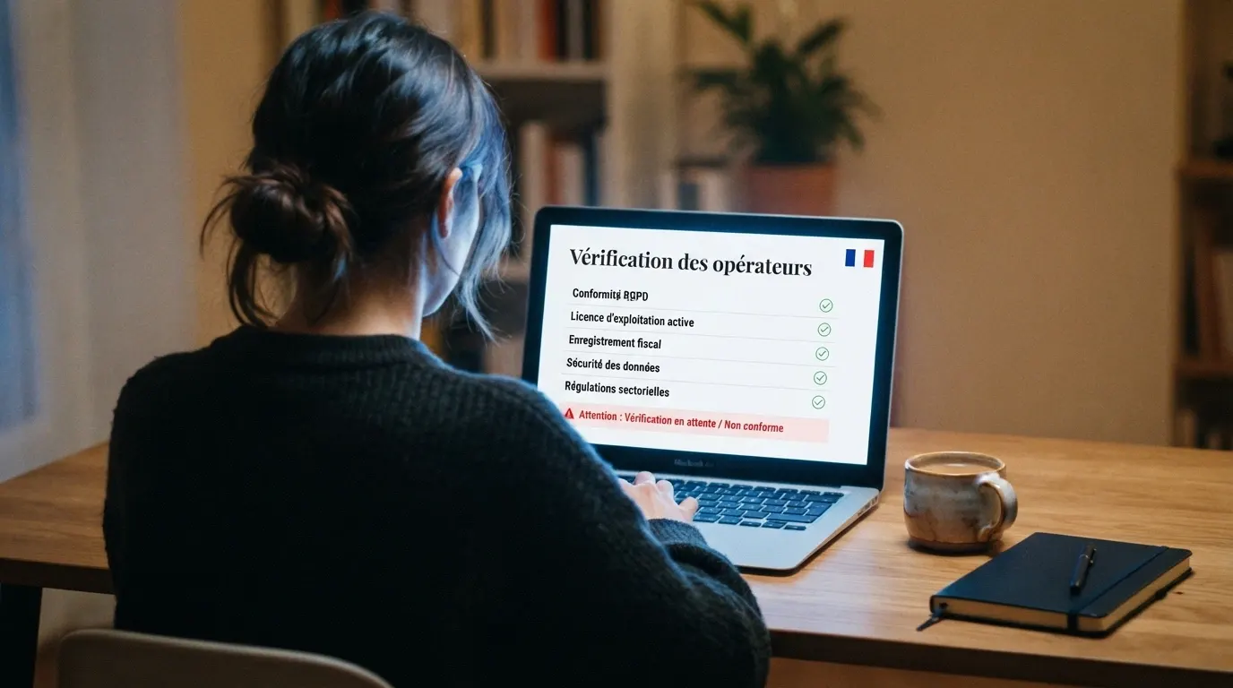 Capture d'écran du site de l'ANJ affichant la liste des opérateurs agréés et l'avertissement sur les sites illégaux, drapeau français en filigrane