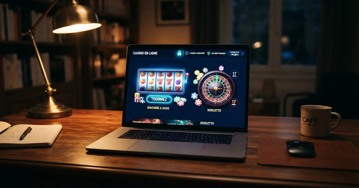 Interface d'un casino en ligne affichant des icônes de cadenas, de licence et de certification sur un fond sombre