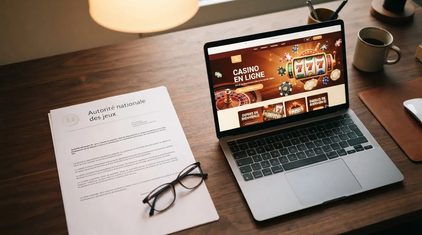Document officiel portant le logo de l'ANJ posé à côté d'un écran affichant la page d'accueil d'un casino en ligne