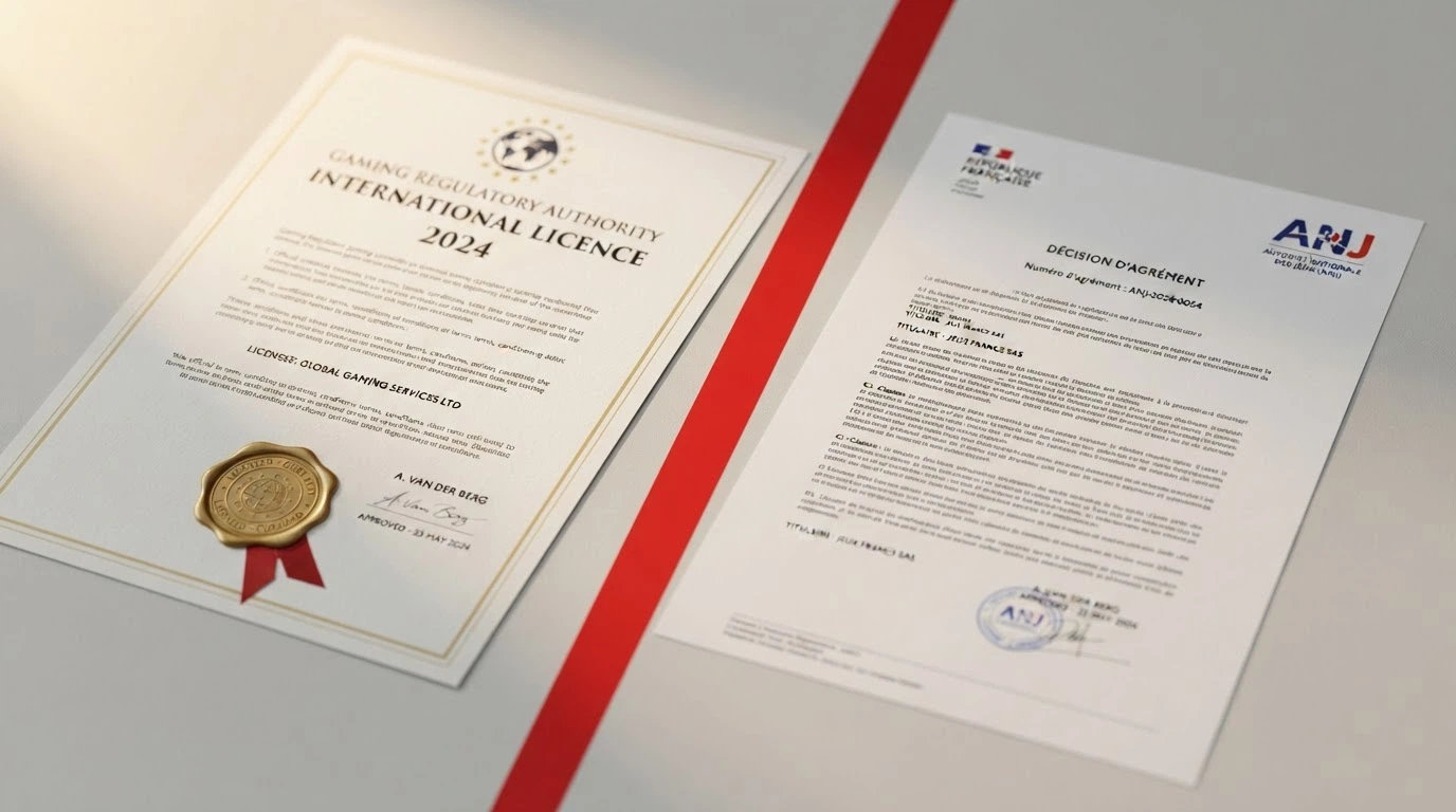 Un sceau de licence Curaçao juxtaposé au logo de l'ANJ, séparés par une ligne rouge, sur fond de texte juridique français