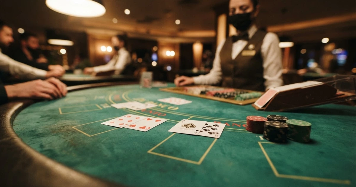 Une table de punto banco avec un croupier en direct, les cartes disposées sur le tapis vert, l'interface de mise affichée à l'écran