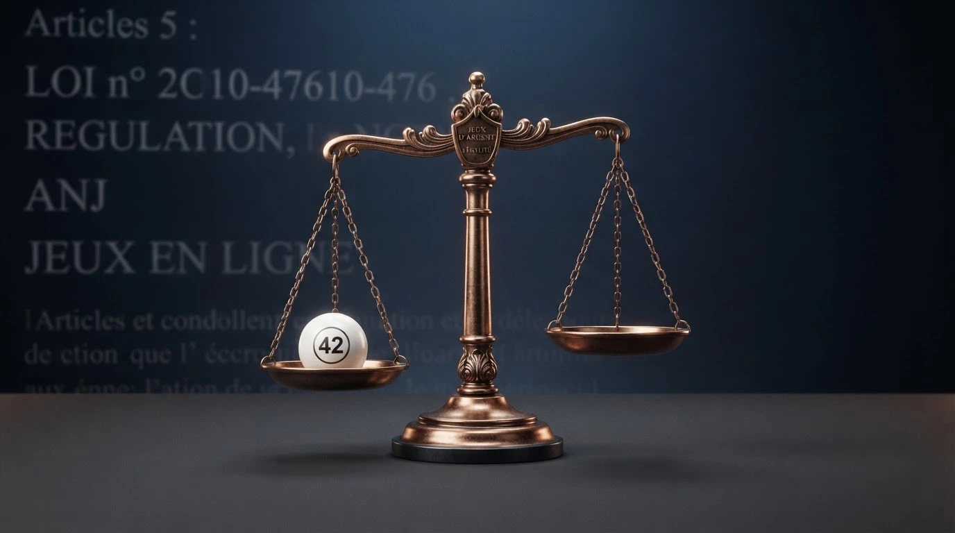 Le logo de l'ANJ à gauche et une balance de justice à droite sur fond de texte juridique