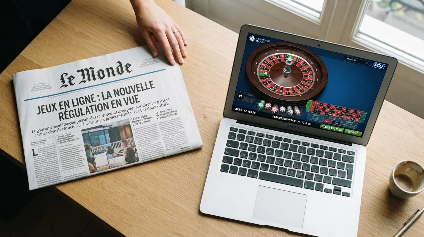 Document officiel de régulation des jeux d'argent posé à côté d'un écran affichant l'interface d'un casino en ligne