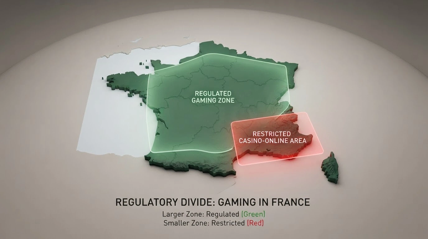 Une carte de la France avec les zones régulées (poker, paris sportifs, hippiques) en vert et une zone rouge pour le casino en ligne