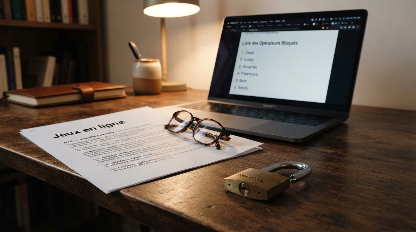 Le texte de loi français posé sur un bureau, un écran affichant la liste noire de l'ANJ en arrière-plan, un cadenas brisé au premier plan