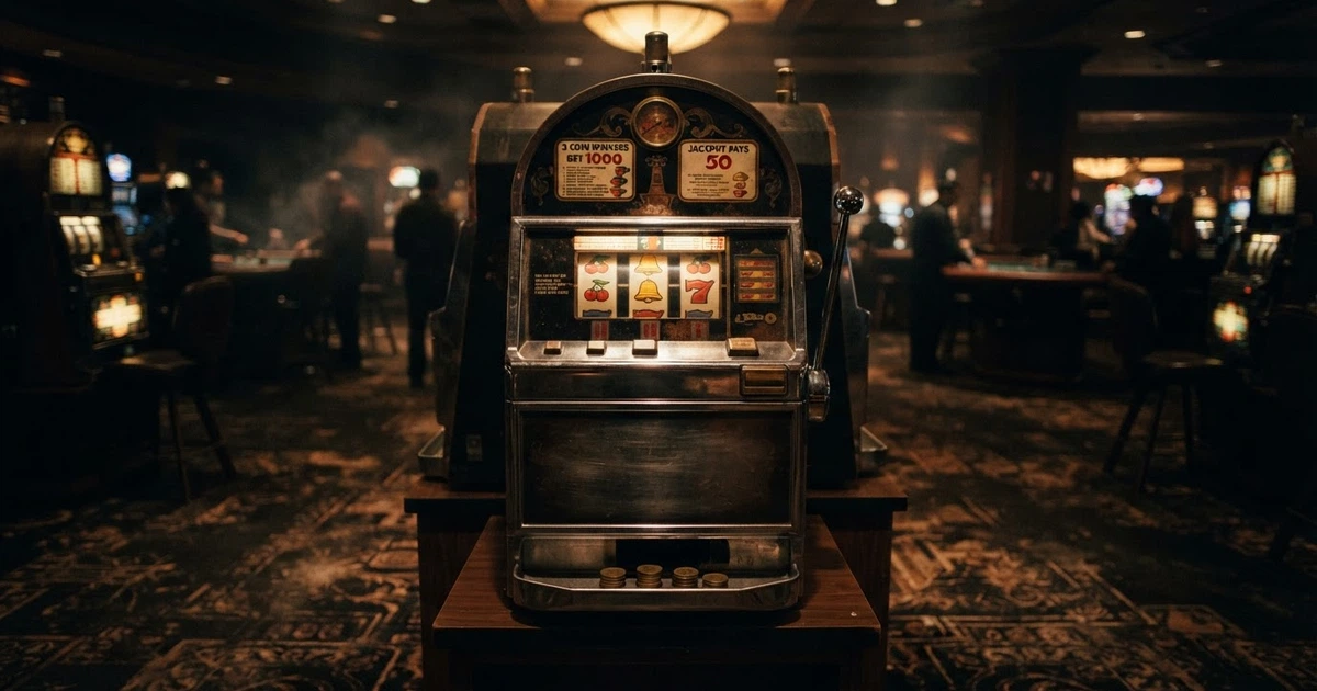 Machine à sous de casino classique avec son levier latéral, ses rouleaux à symboles fruits, cloche et 7, sur fond de salle de casino tamisée