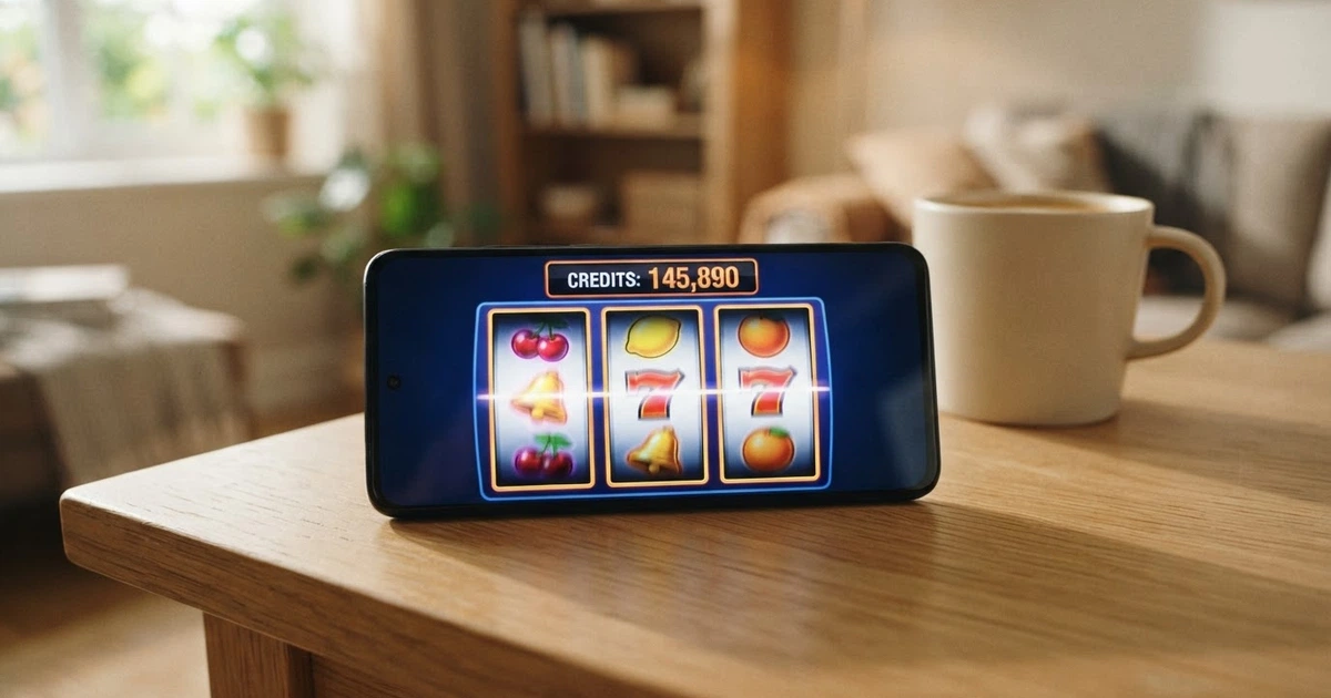 Une interface de machine à sous en mode démonstration, crédits virtuels affichés, aucun champ de dépôt visible