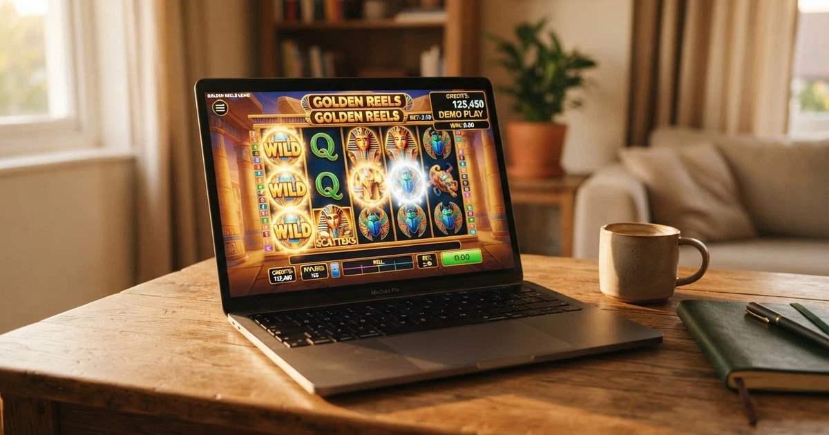 Une interface de machine à sous en mode démo sur un navigateur, crédits virtuels affichés, aucun formulaire d'inscription visible à l'écran