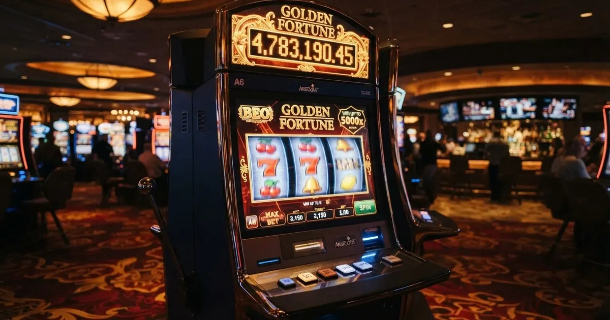 Interface d'une machine à sous à jackpot progressif avec la cagnotte affichée en tête d'écran et les rouleaux en arrière-plan