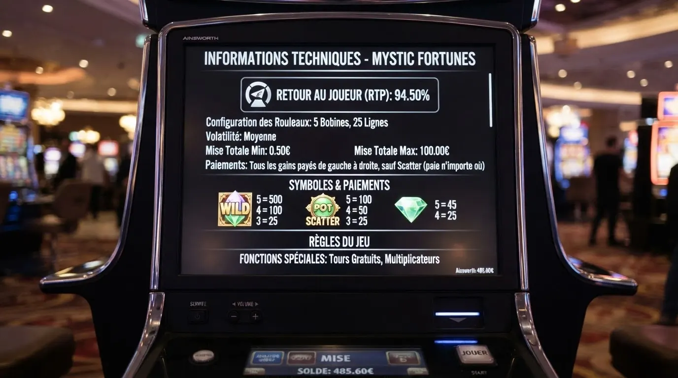 L'écran d'une machine à sous affichant ses informations techniques, dont le pourcentage de redistribution