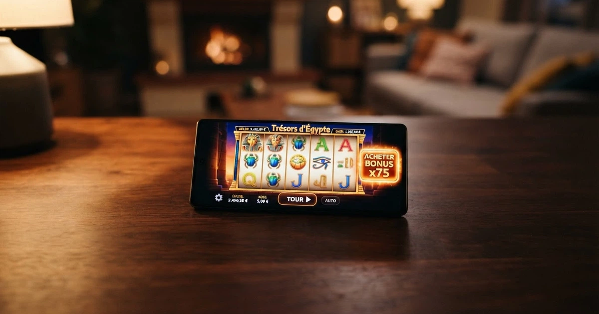 Interface d'une machine à sous en ligne avec le bouton d'achat bonus mis en évidence à l'écran
