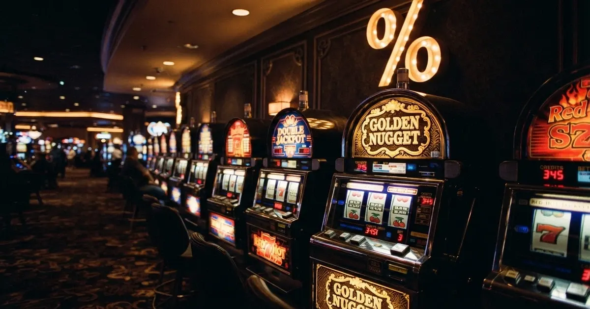 Une rangée de machines à sous aux écrans lumineux dans une salle de casino, avec des symboles de jeu colorés et un pourcentage RTP affiché en surbrillance