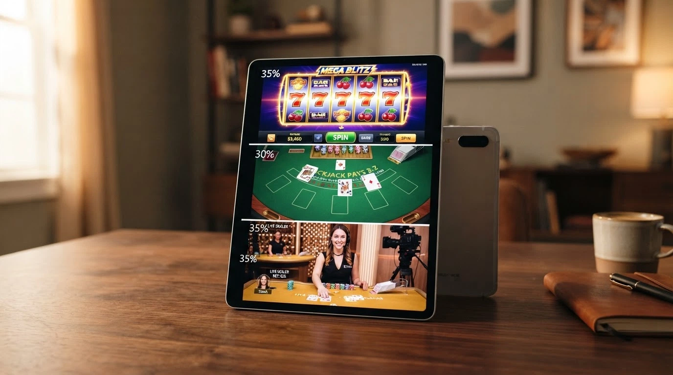Une mosaïque d'écrans de jeux de casino : une machine à sous colorée, une table de blackjack, un croupier en direct filmé en studio