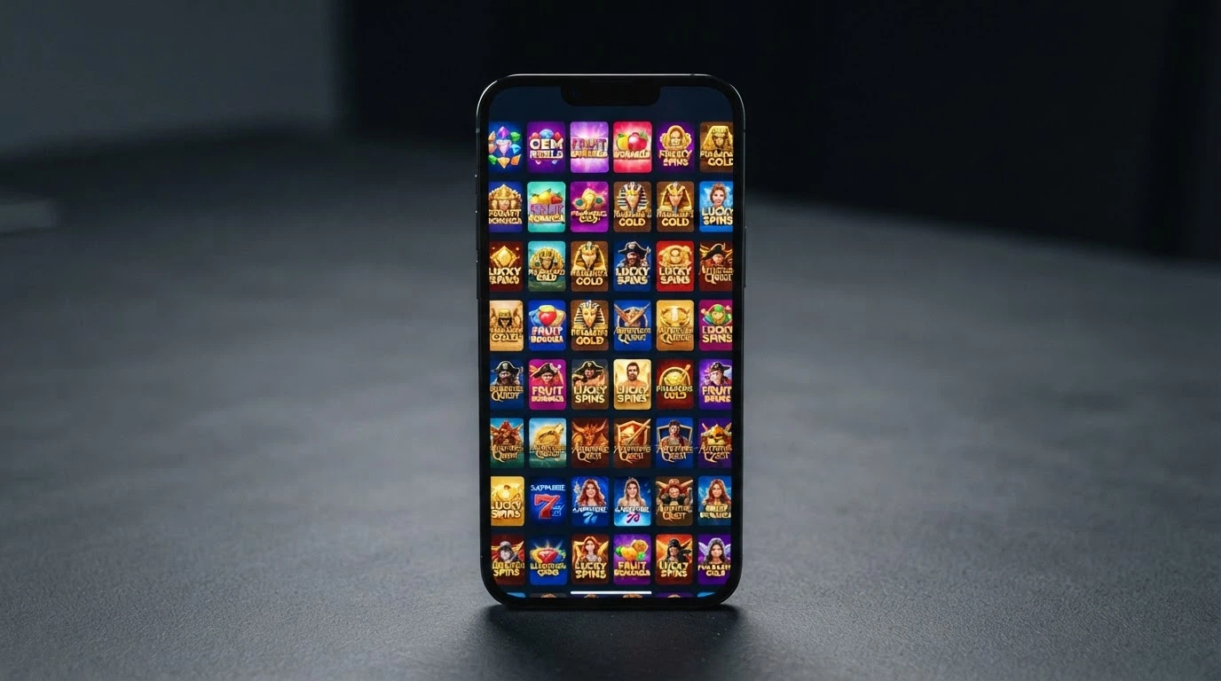 Écran d'iPhone en orientation verticale affichant une grille de vignettes de machines à sous avec leurs titres et jackpots