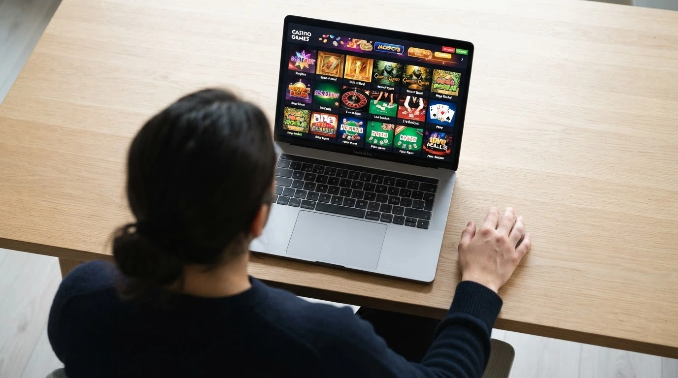 Bibliothèque de jeux d'un casino en ligne affichant des vignettes de machines à sous, de roulette et de blackjack en direct.