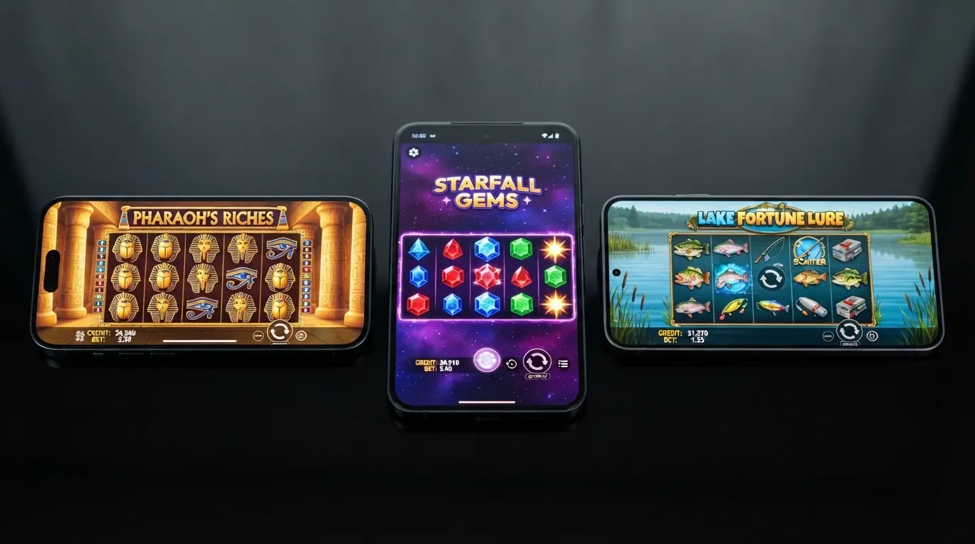Écran de jeu de trois machines à sous populaires — Book of Dead, Starburst et Big Bass Bonanza — côte à côte