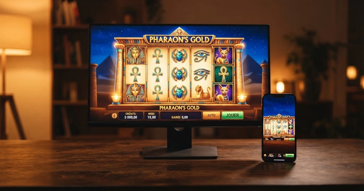 Une machine à sous Cleopatra d'IGT affichée sur un écran d'ordinateur et de téléphone, rouleaux visibles, mode démonstration sans mise réelle
