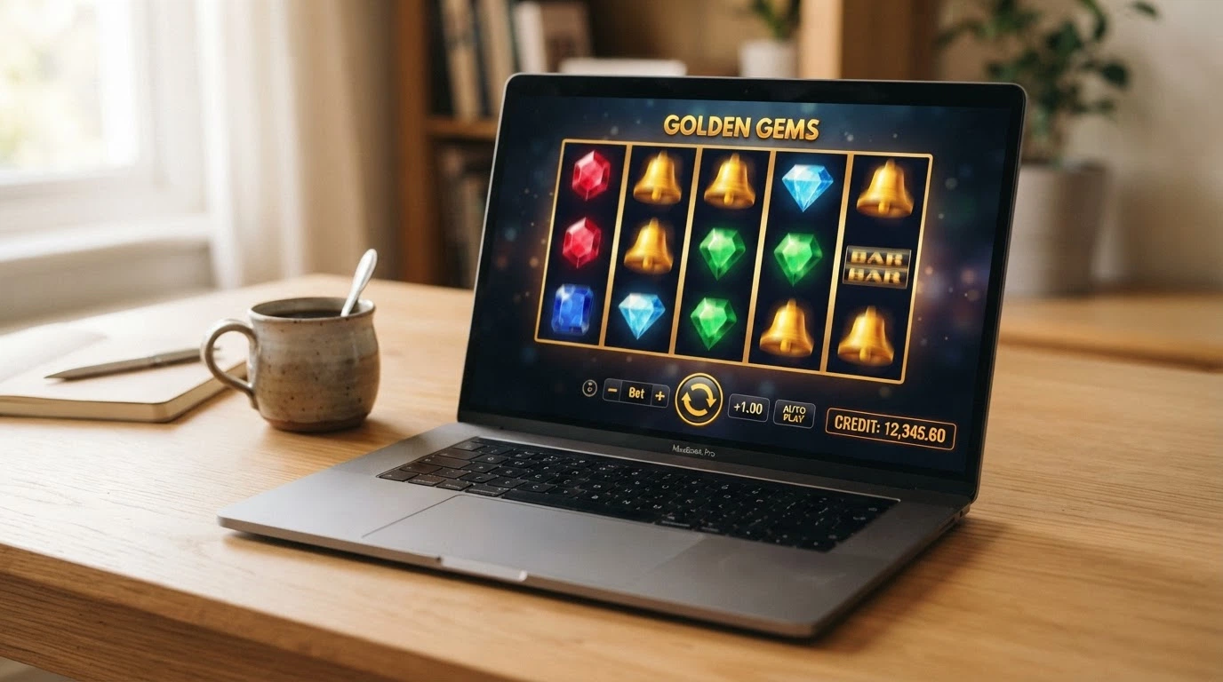 Une machine à sous en mode démo affichée dans un navigateur, rouleaux visibles avec symboles, compteur de crédits virtuels et bouton spin