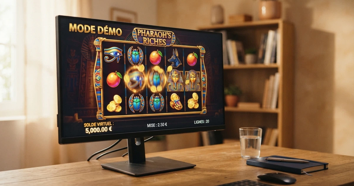 Rouleaux d'une machine à sous Merkur affichés sur un écran d'ordinateur, avec l'interface de jeu en mode démonstration